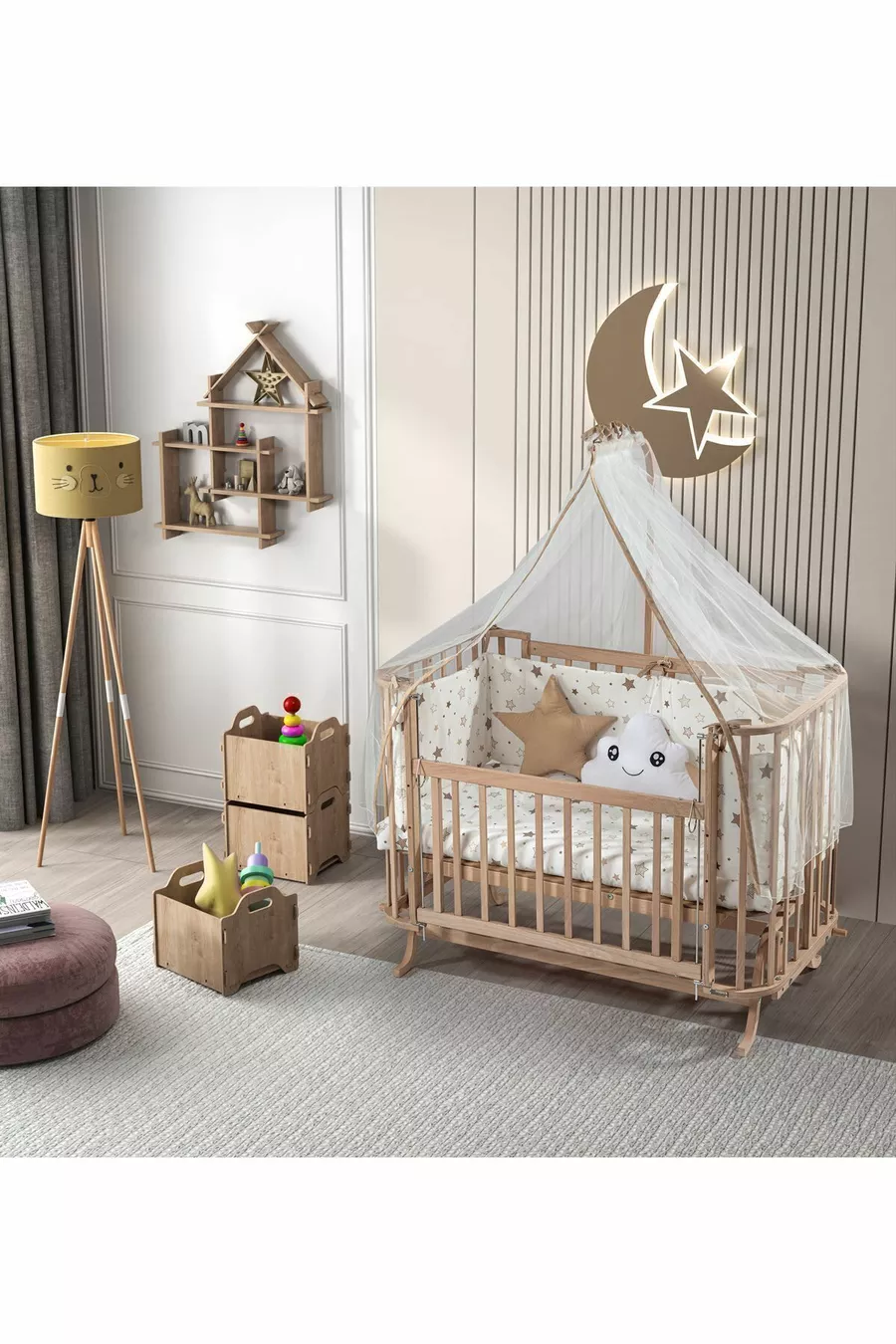 Ensemble de sommeil Mabela Beşik en bois brun avec étoiles