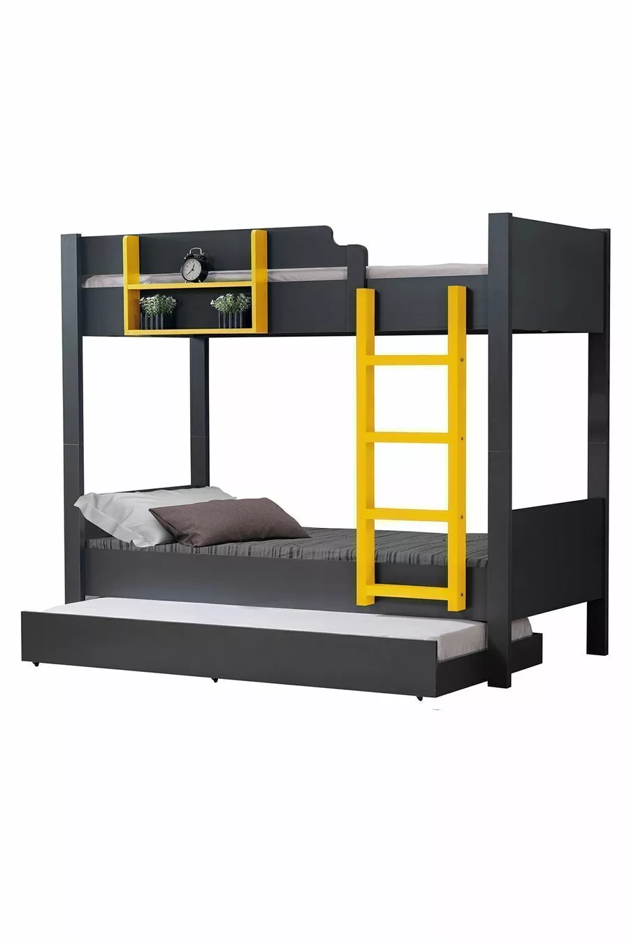Lit superposé, Lit superposé modulable avec lits gigognes, Anthracite - Jaune