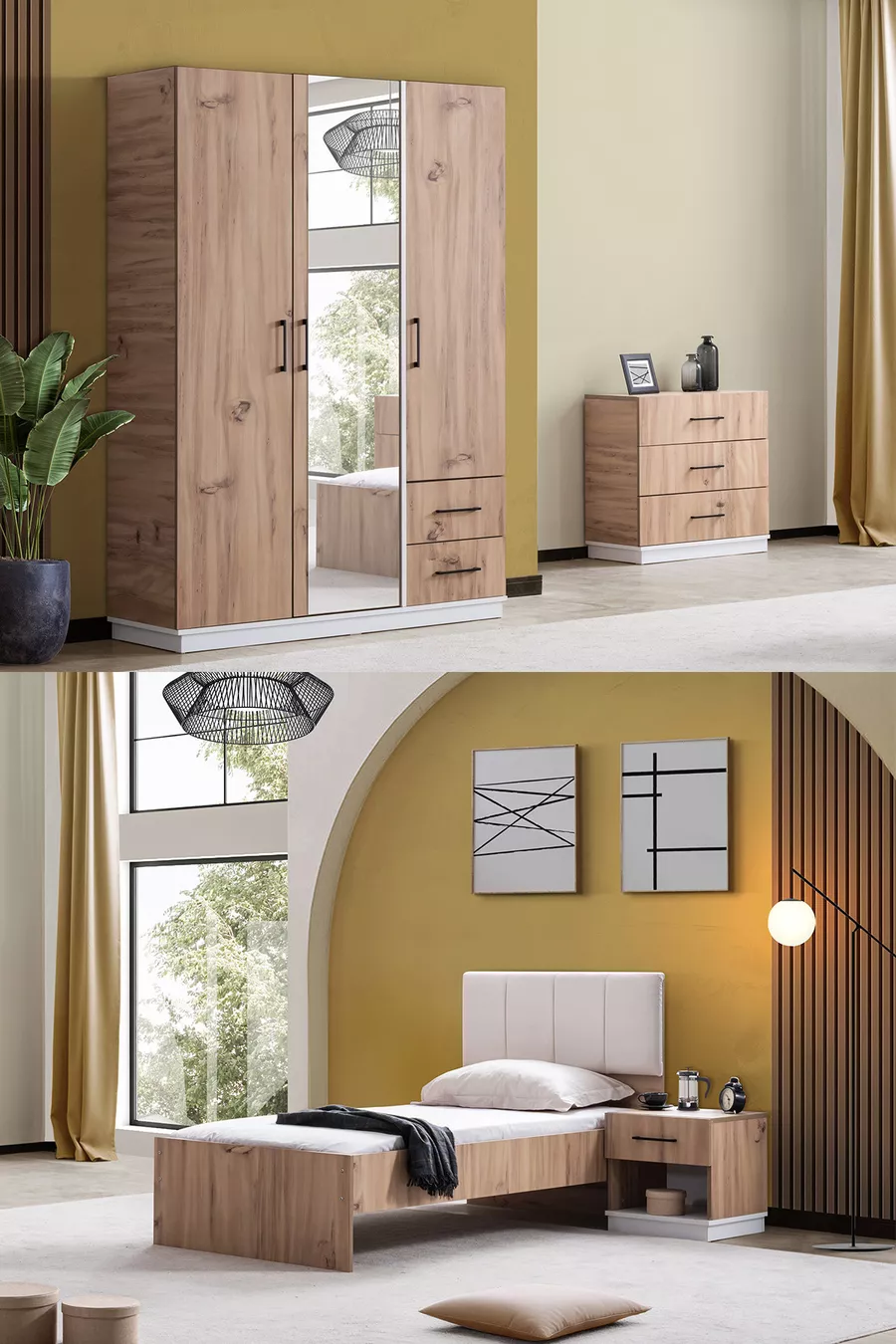 Chambre d'enfant Efes Armoire 3 portes, Lit, Commode, Table de chevet Noyer Crème