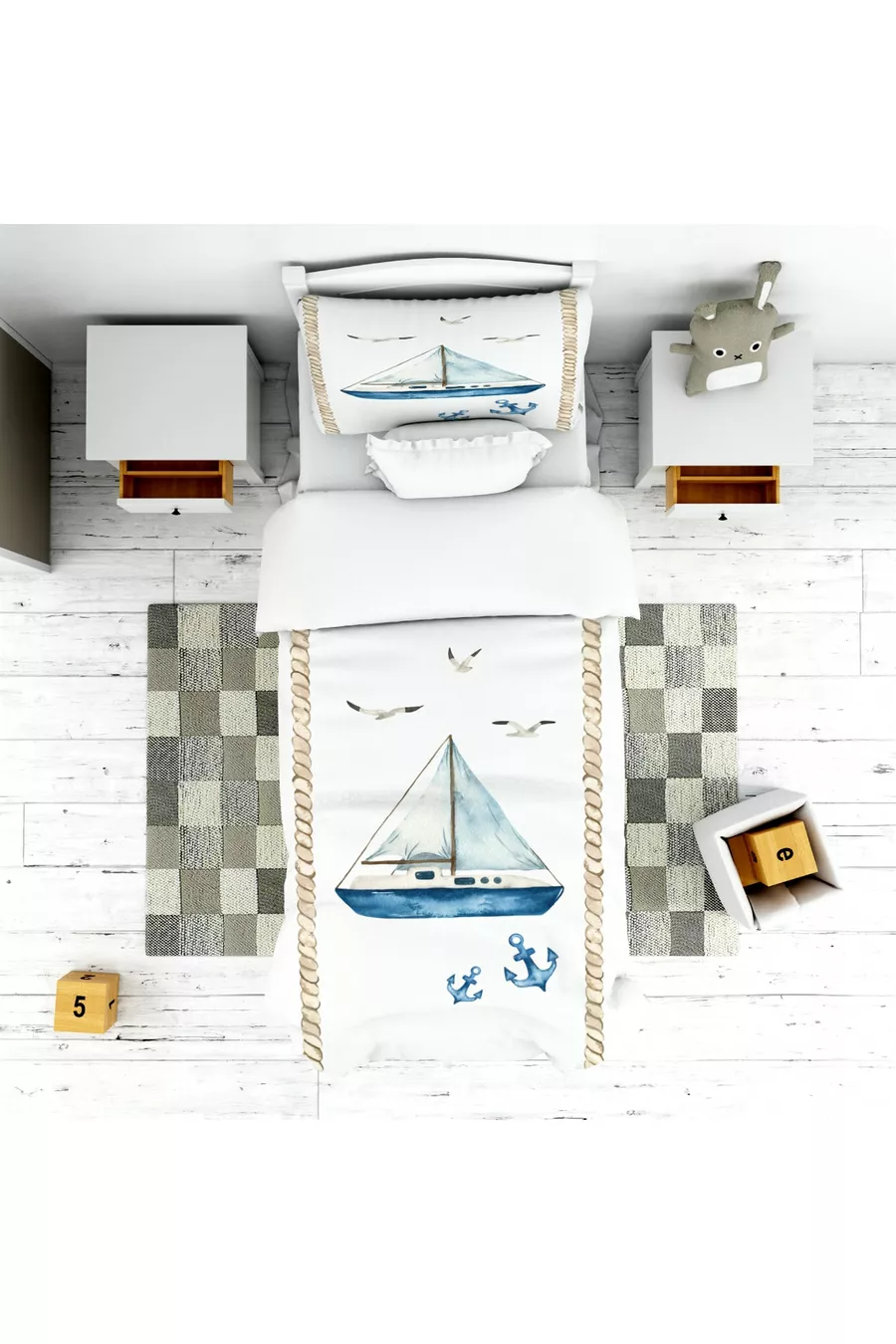 Ensemble de Chambre d'Enfant Marin (Rideau de Fond - Couverture et Oreiller - Tapis)