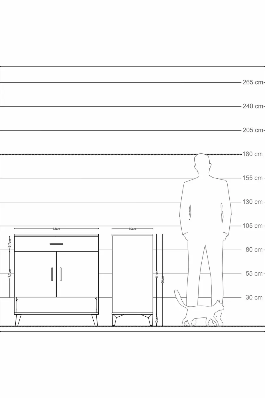 Commode Kronos avec 2 étagères, 1 tiroir et 2 portes, Pierre de Lune-Anthracite