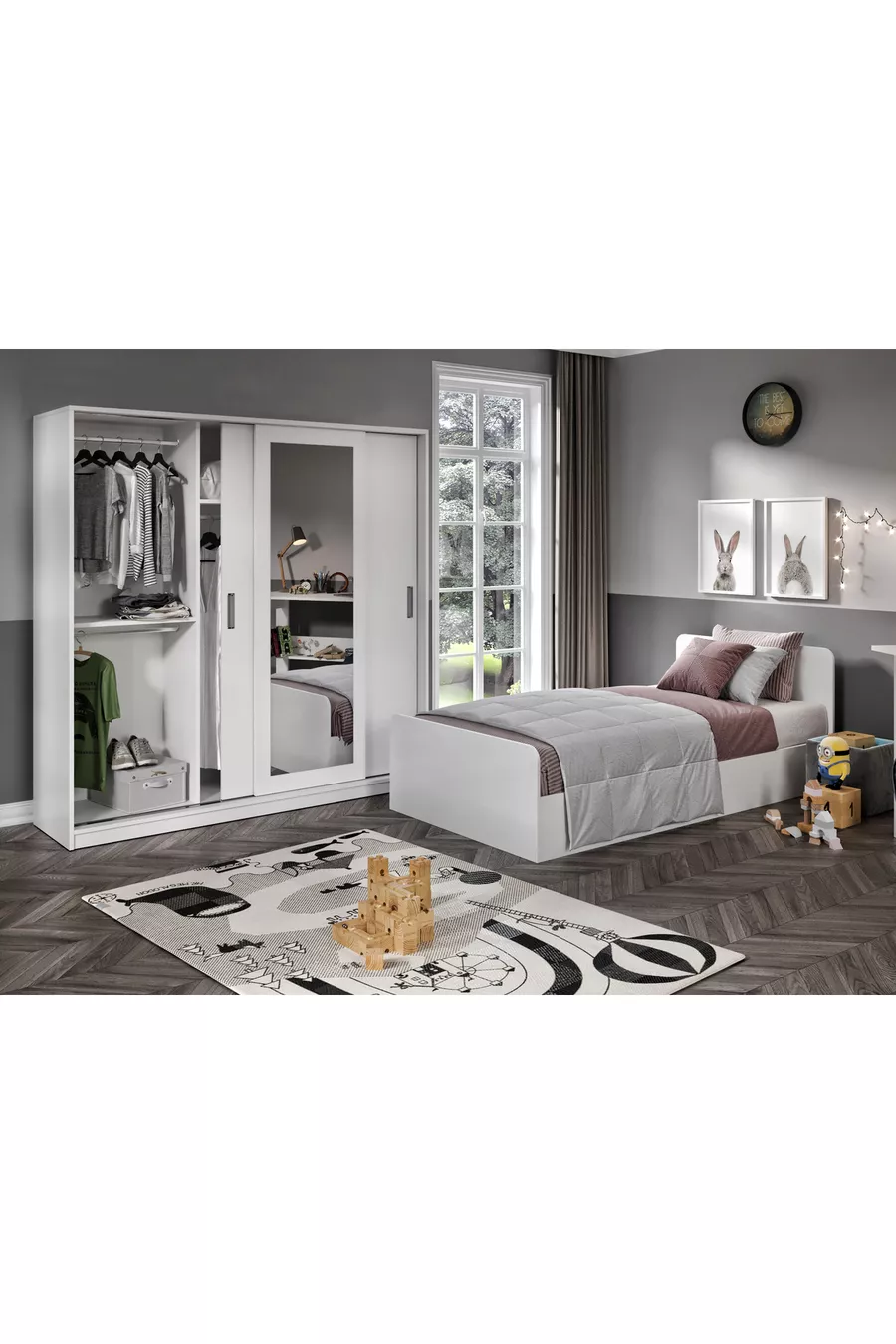Chambre d'enfant Anemon en MDF pour une personne, 3 pièces - Armoire, bureau, lit en MDF de qualité supérieure