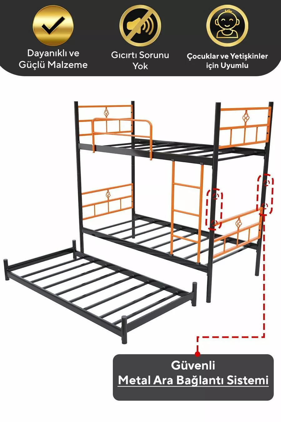 Lit superposé Koza avec tiroirs, compatible avec trois personnes, métal orange
