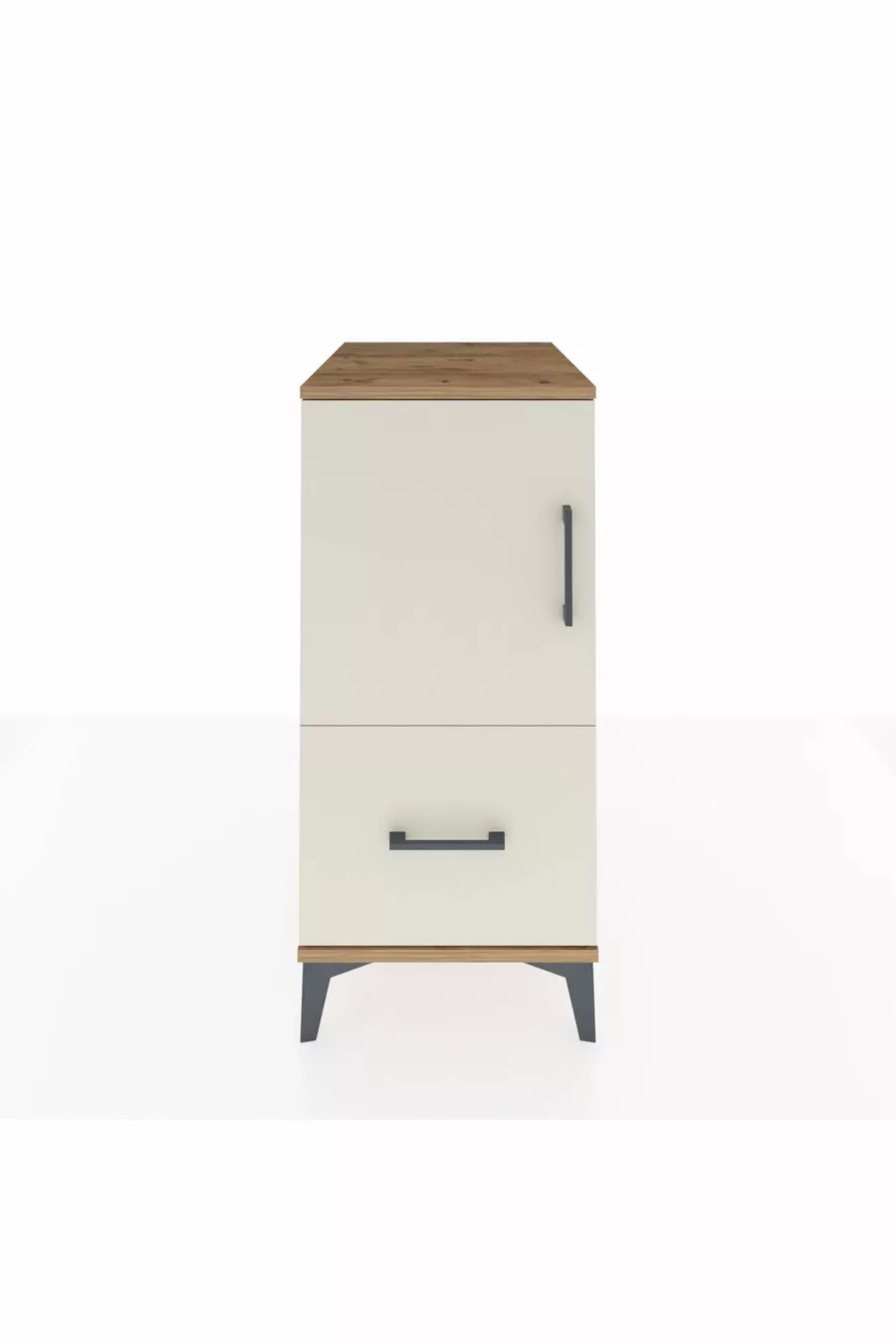 Table de chevet Kronos avec 2 étagères, 1 tiroir et 1 porte, pin-pierre d'onyx