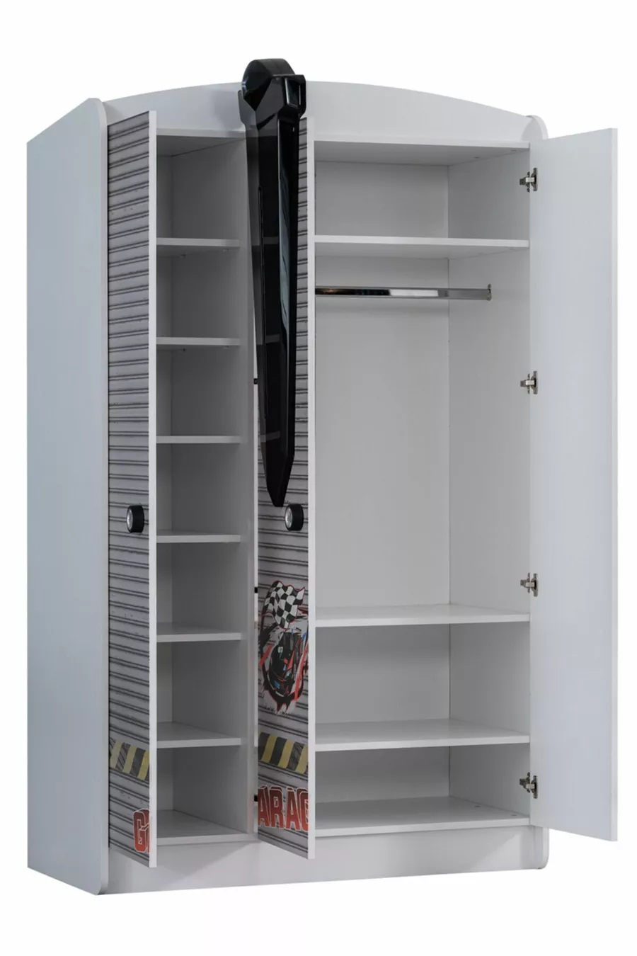 Chambre d'enfant - Lit à voiture avec pare-vent Jaguar, Armoire 3 portes Sports, Commode - Blanc