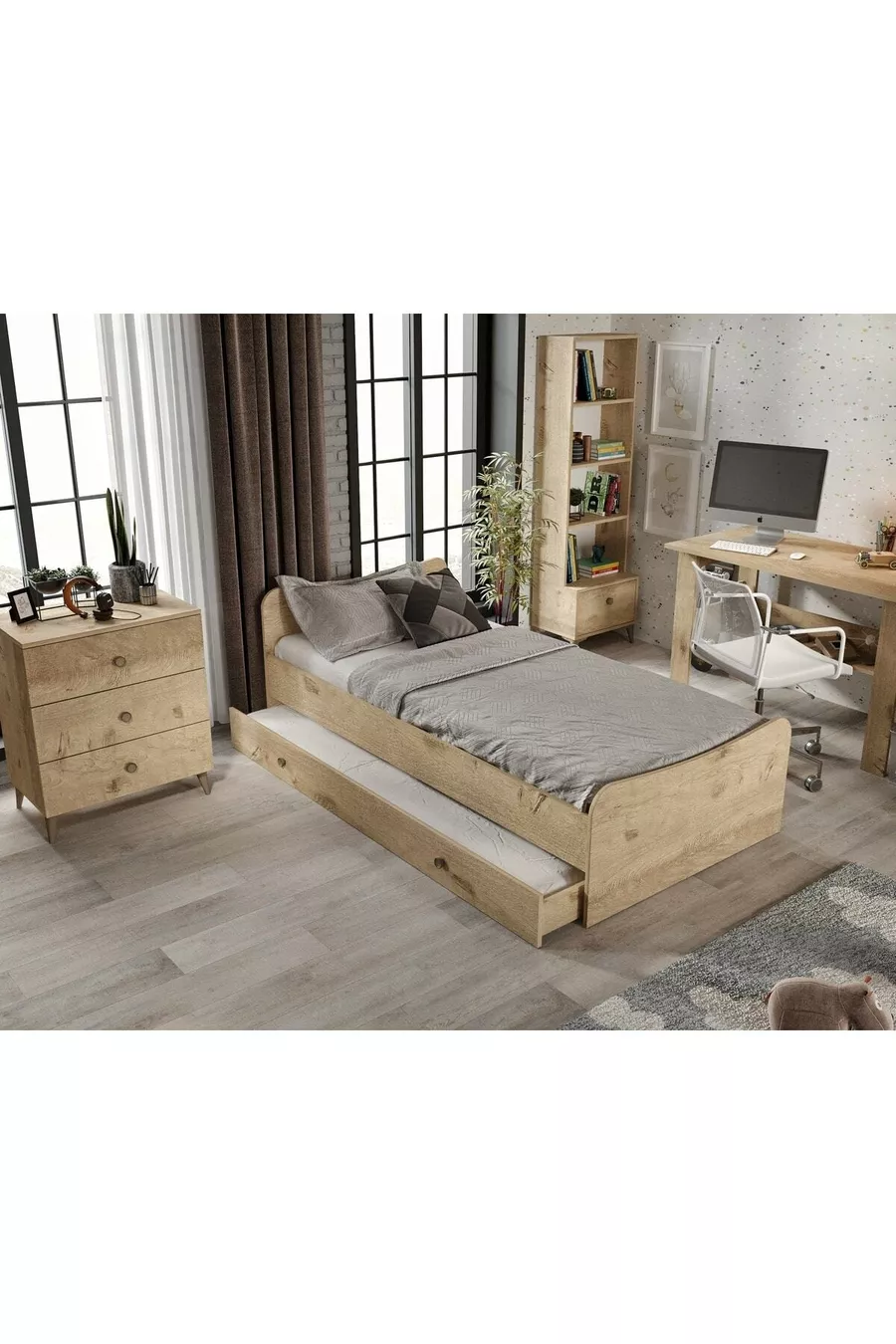 Ensemble de chambre d'enfant Selen Chêne - 5 pièces, tout en MDF de qualité supérieure