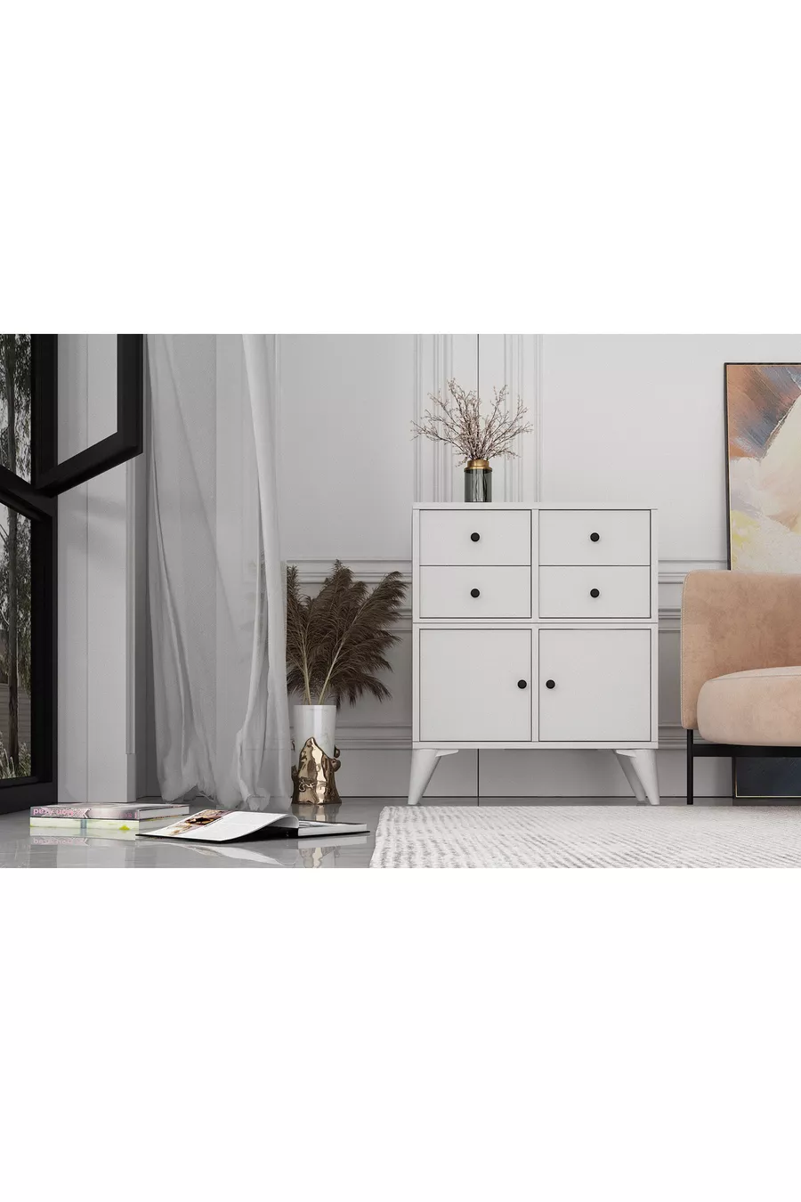 Commode blanche à pieds, deux portes, quatre tiroirs, sans baguette