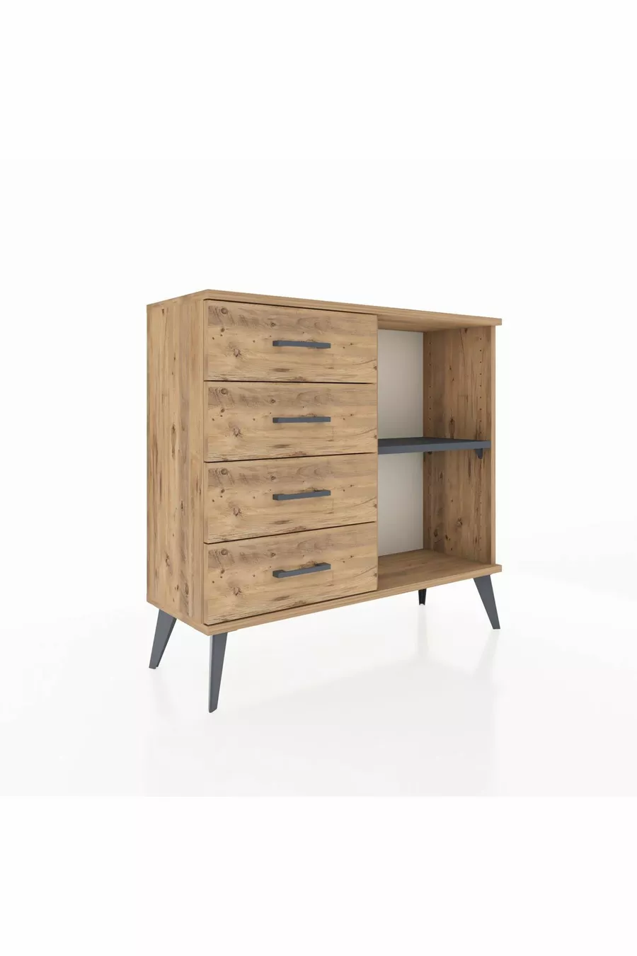 Commode Arges à une étagère et 4 tiroirs Pin-Anthracite/Pin