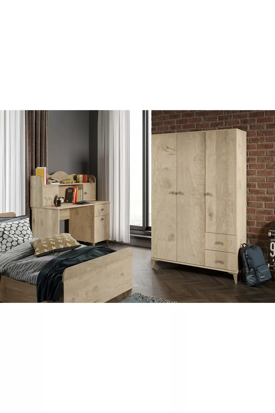 Ensemble de chambre moderne pour jeunes en chêne - 4 pièces et entièrement en MDF de qualité supérieure