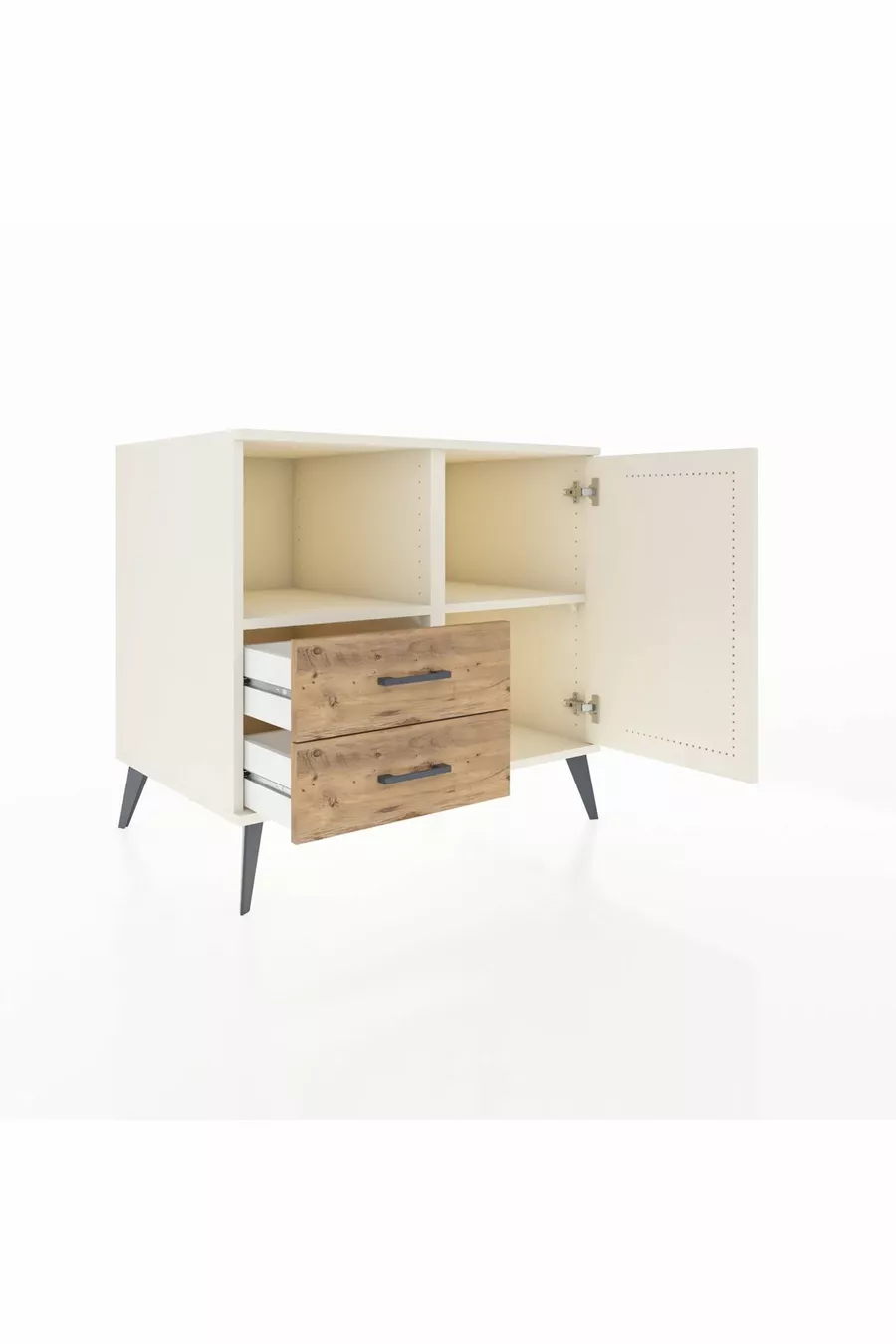 Commode Kronos avec 2 étagères, 2 tiroirs et 1 porte, Pierre de lune/Pierre de lune/Pin
