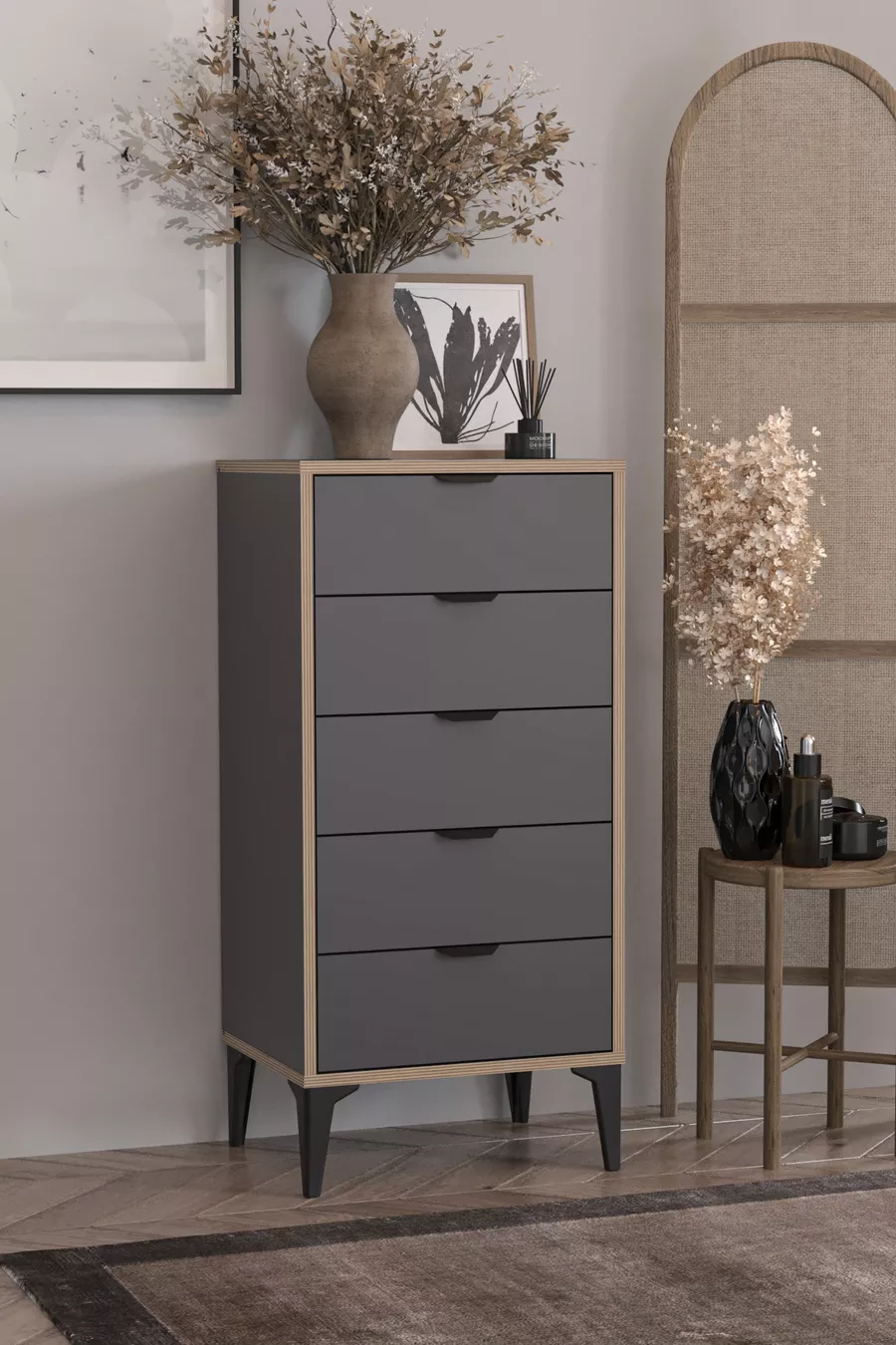 Commode Arden 5 tiroirs, panier à linge