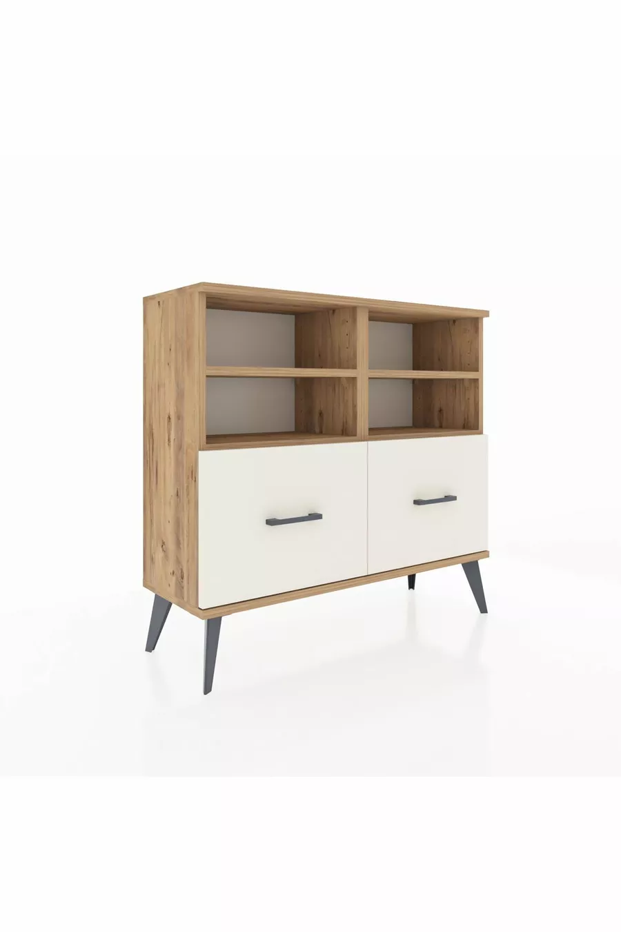 Commode Arges 4 étagères 2 tiroirs Pin-Pin/Marbre blanc