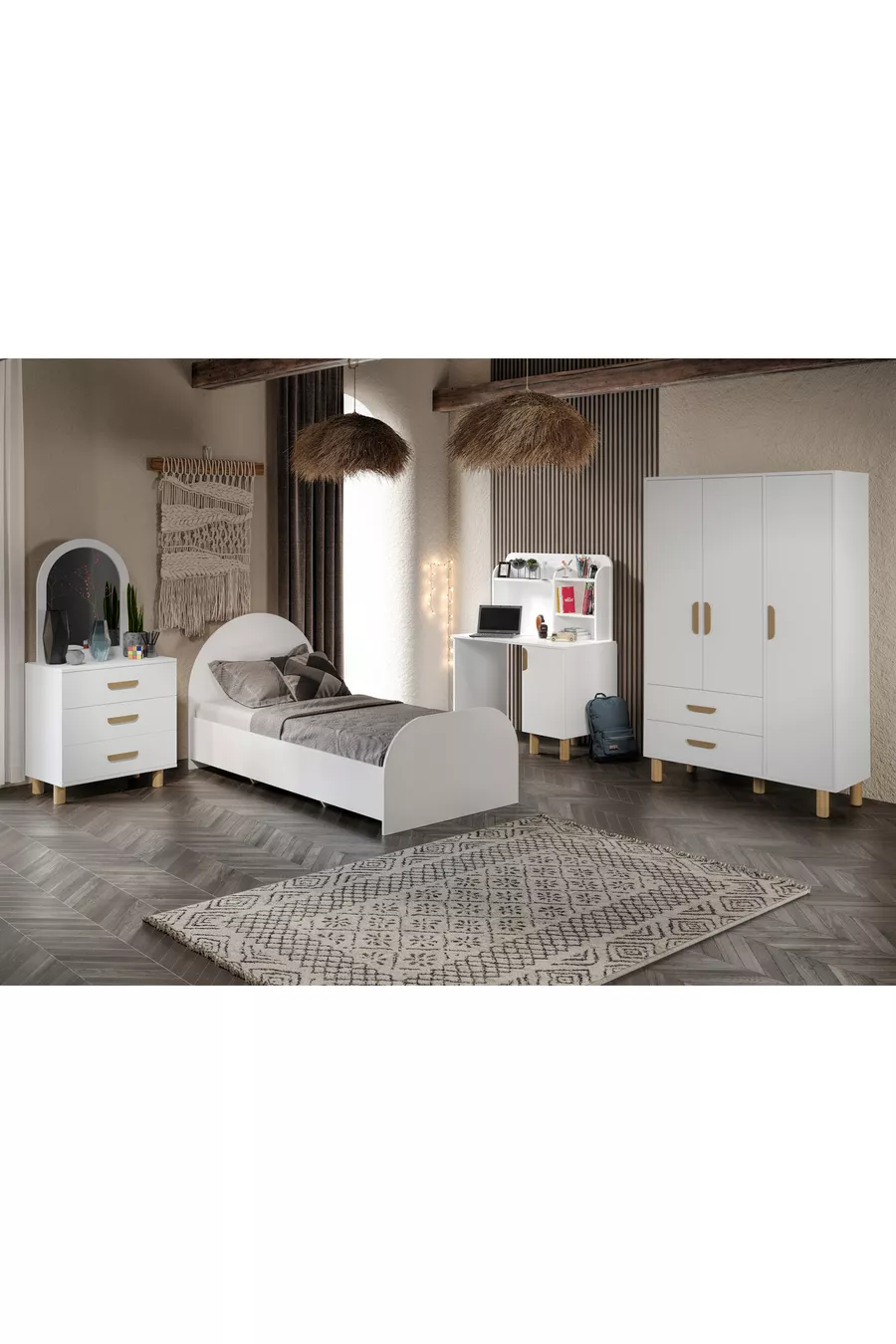 Ensemble de chambre d'enfant bohème blanc entièrement en MDF (4 pièces)