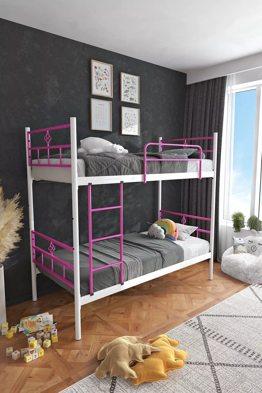Lit superposé Koza Ranza compatible avec matelas, rose foncé, métal détachable