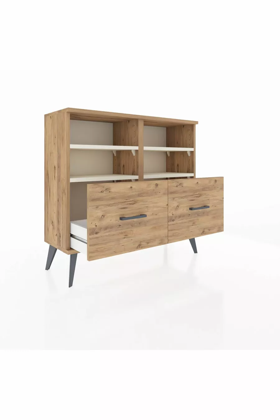 Commode Arges 4 étagères 2 tiroirs Pin-Pierre de Lune/Pin