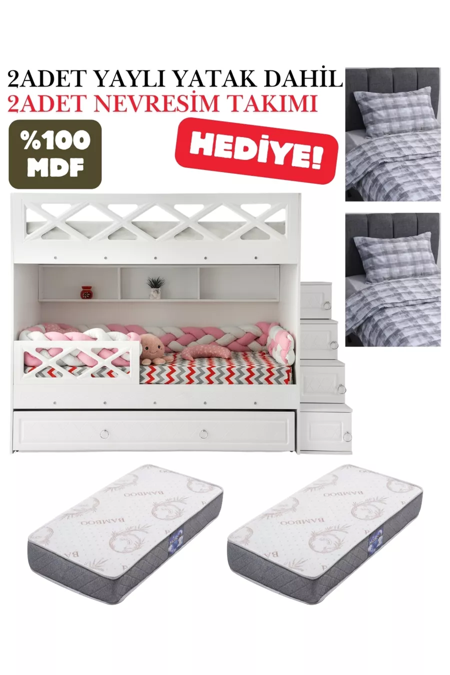 Mars Ranza / 100 % MDF / 2 Lits à ressorts en bambou / 2 Ensembles de literie offerts
