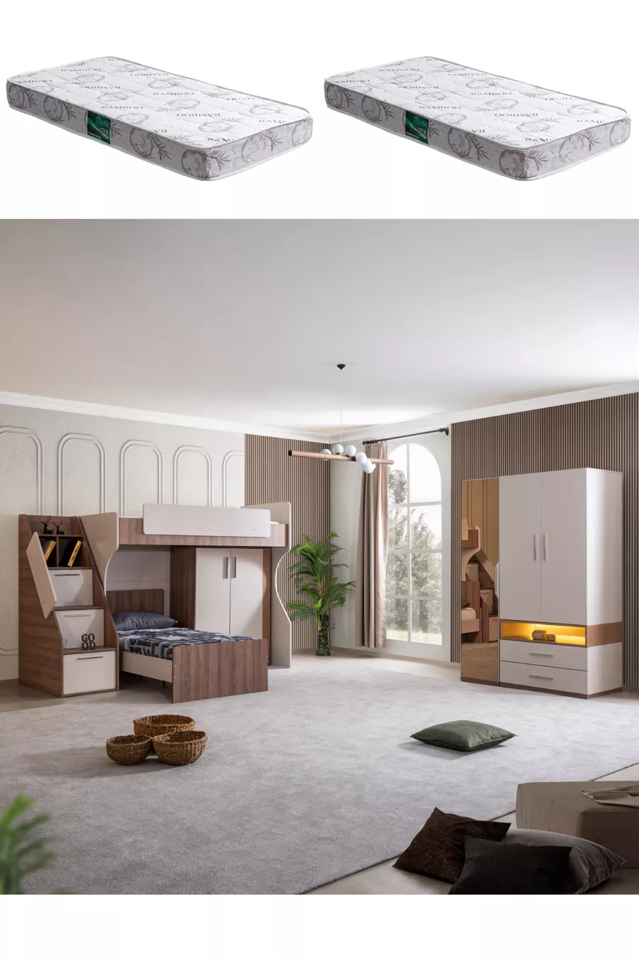Lit superposé, ensemble chambre jeune Milan avec armoire : lit superposé avec armoire à 3 portes et 2 matelas Comfort