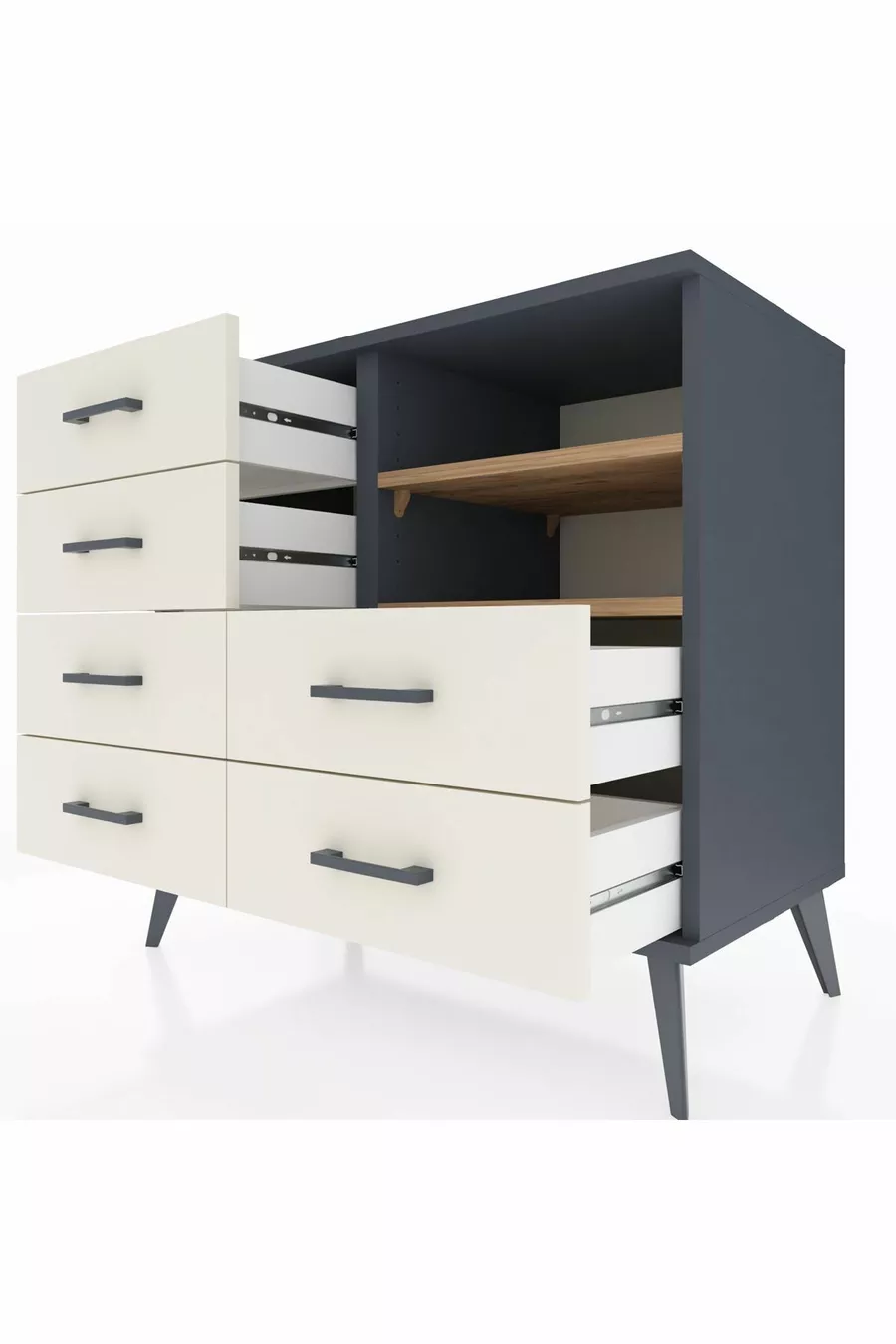 Commode Hyperion 2 étagères 6 tiroirs Anthracite-Pin/Pierre de Lune