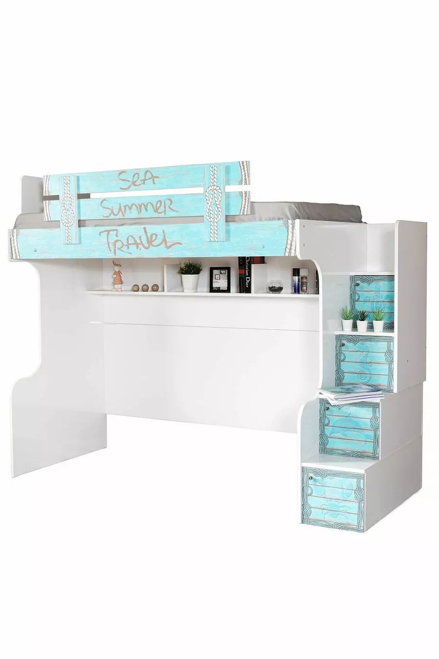 Lit superposé, Lit superposé d'été avec bureau et armoire, 2 matelas confort