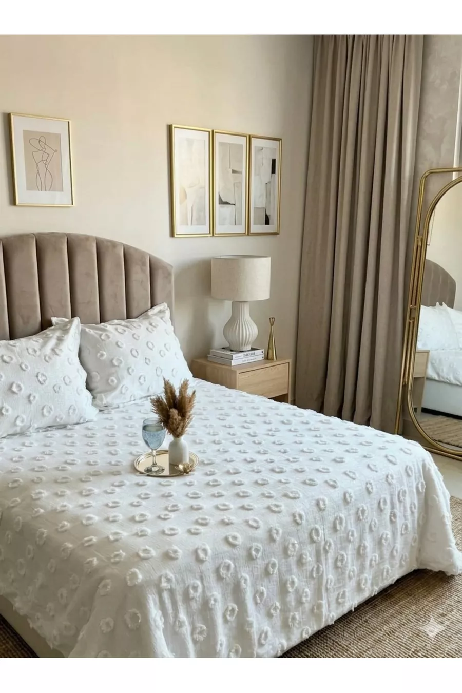 Parure de lit 3 pièces pour lit double à motif pompon Crème