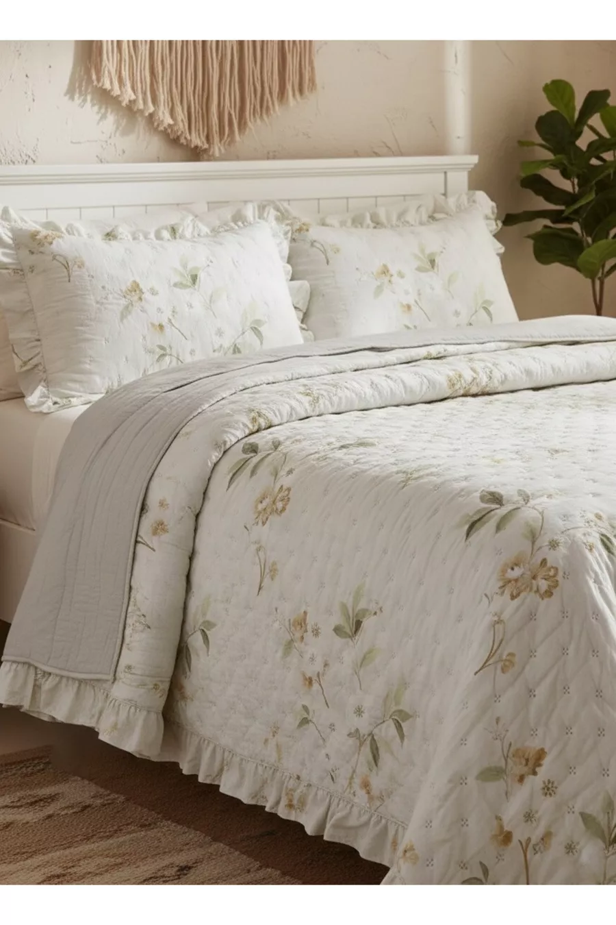 Ensemble de Housse de Lit Matelassée à Volants avec Motif Double pour Lit Double Dream Taille King