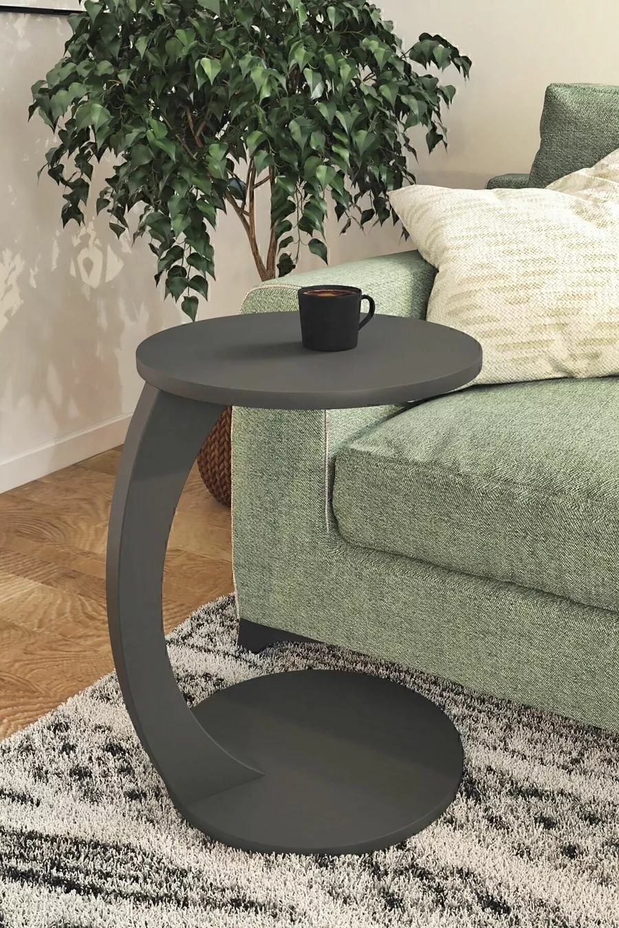 Table d'appoint en C à roulettes, table de salon, table latérale, table gigogne, table de service - Gris anthracite