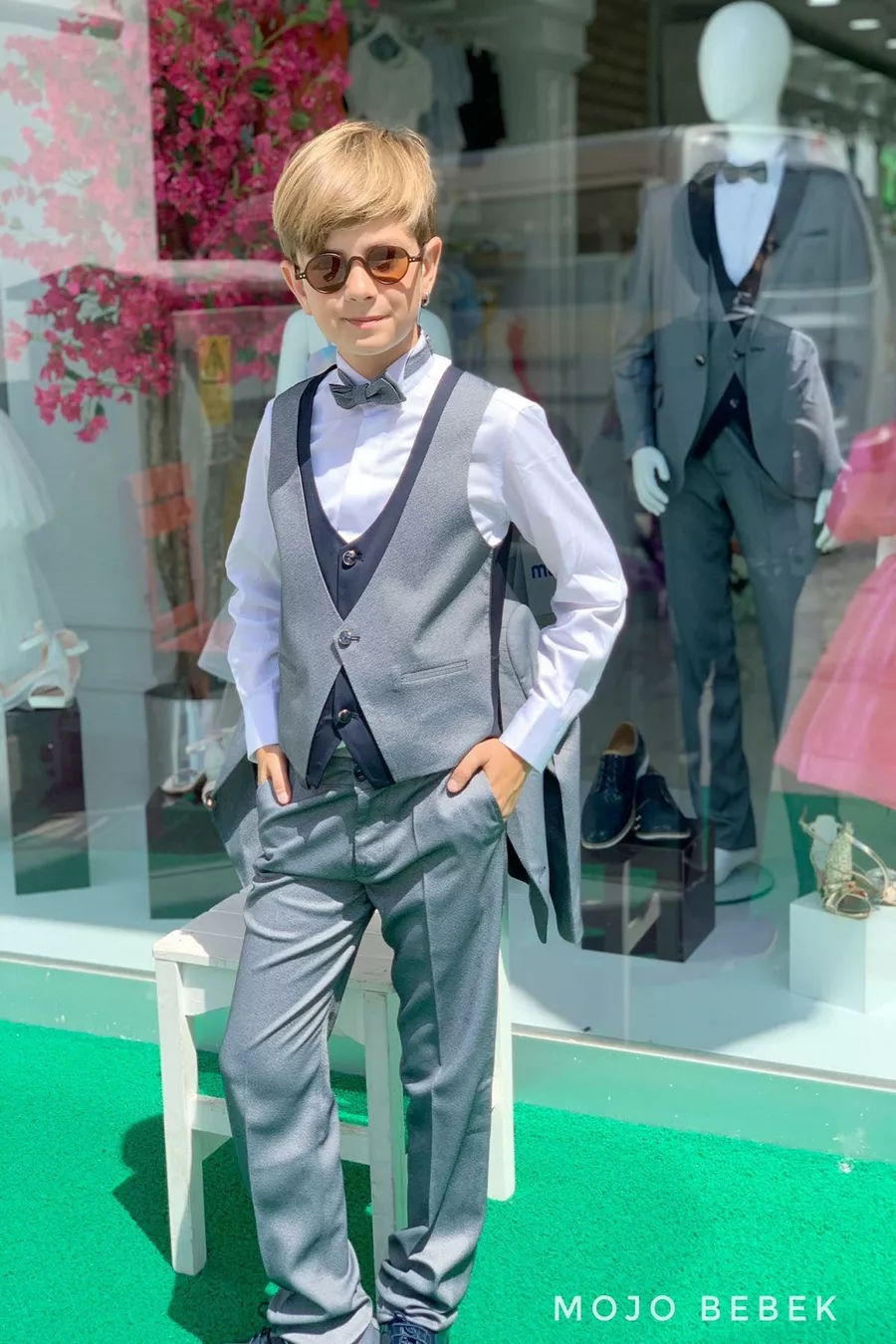 Ensemble de costume classique pour garçon Mojo avec détail de col  Gris-Bleu marine