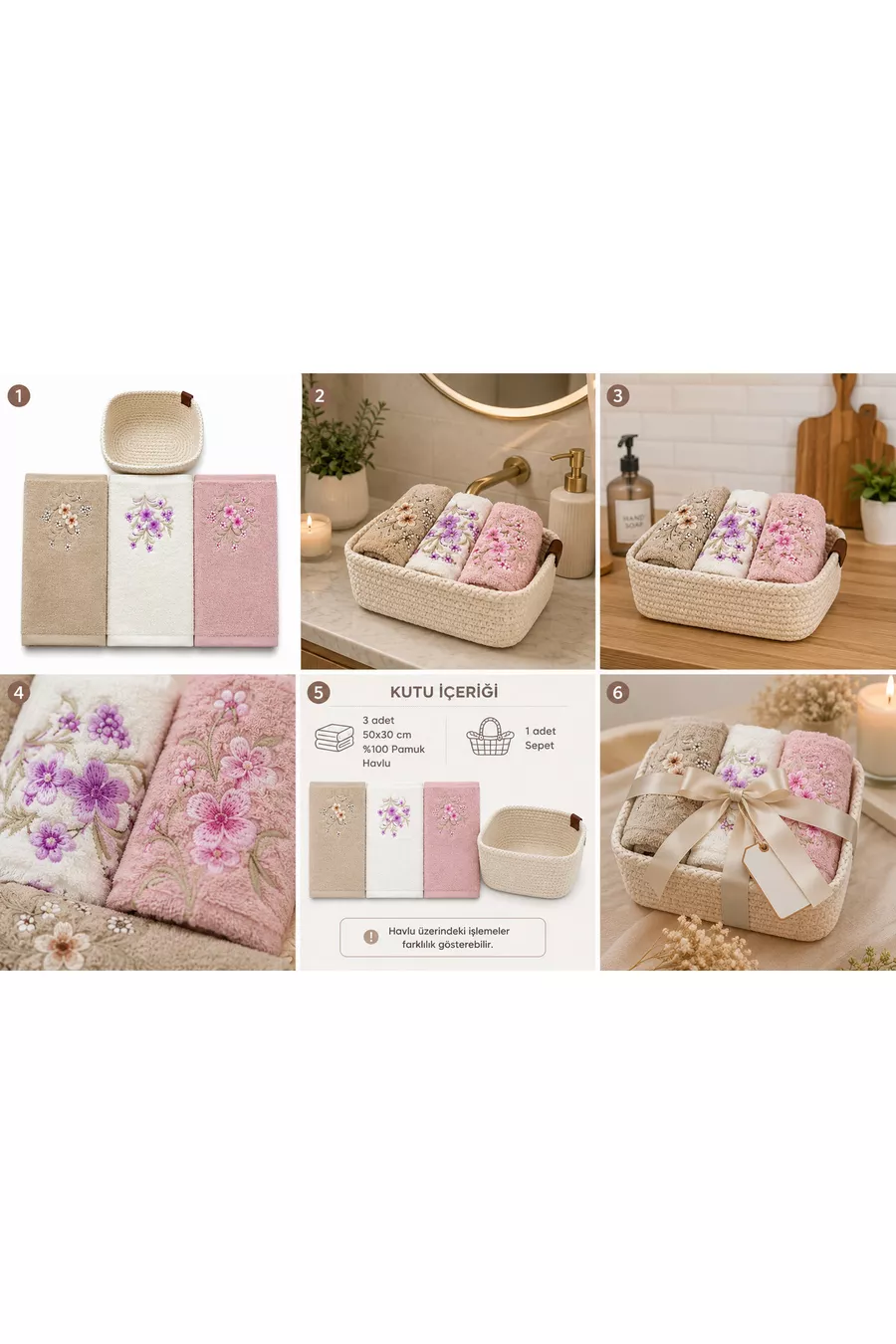 Torchon de cuisine - 3 pièces de serviette  cm 1 panier en tricot - Brodé -  % coton