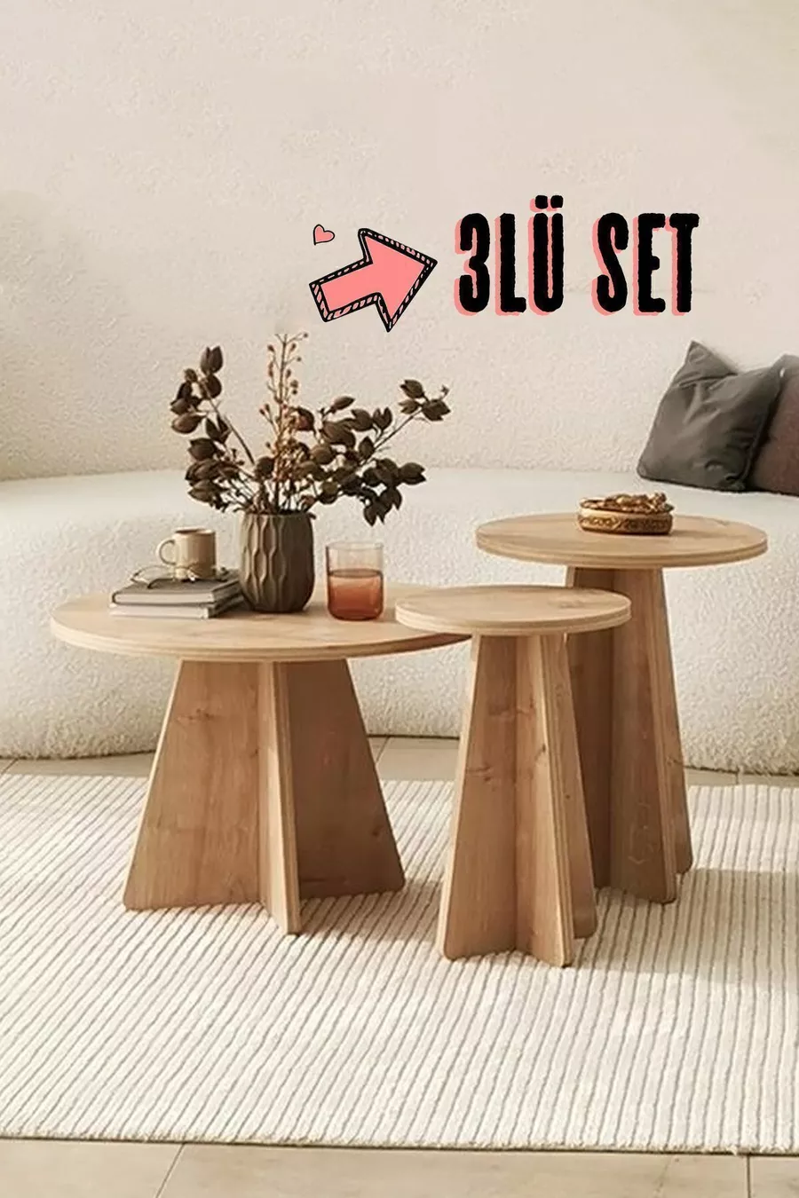 Table basse en champignon scandinave large Set de 3 tables gigognes Table d'appoint Table centrale Chêne saphir