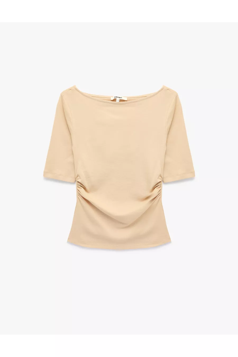 T-shirt en coton slim fit drapé à col rond bateau à manches coudées