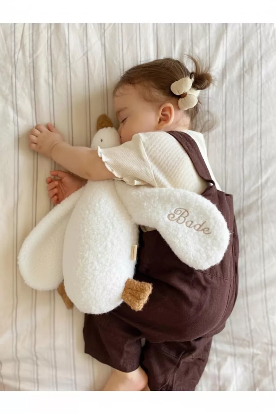 Doudou et jouet de sommeil pour bébé et enfant en forme de canard mignon brodé avec le nom, blanc/marron