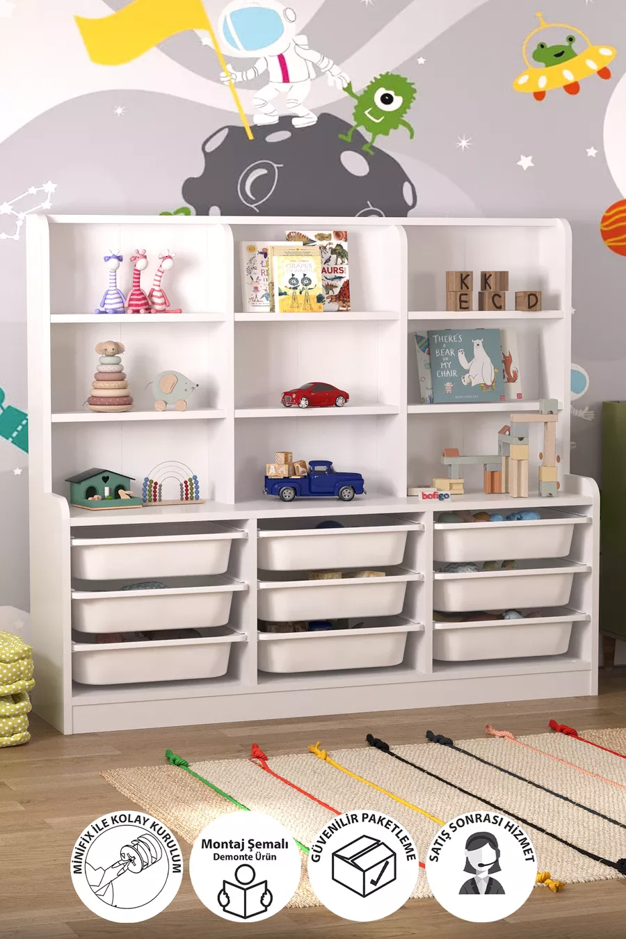 Armoire polyvalente à 9 étagères et 9 paniers pour jouets Almina blanc