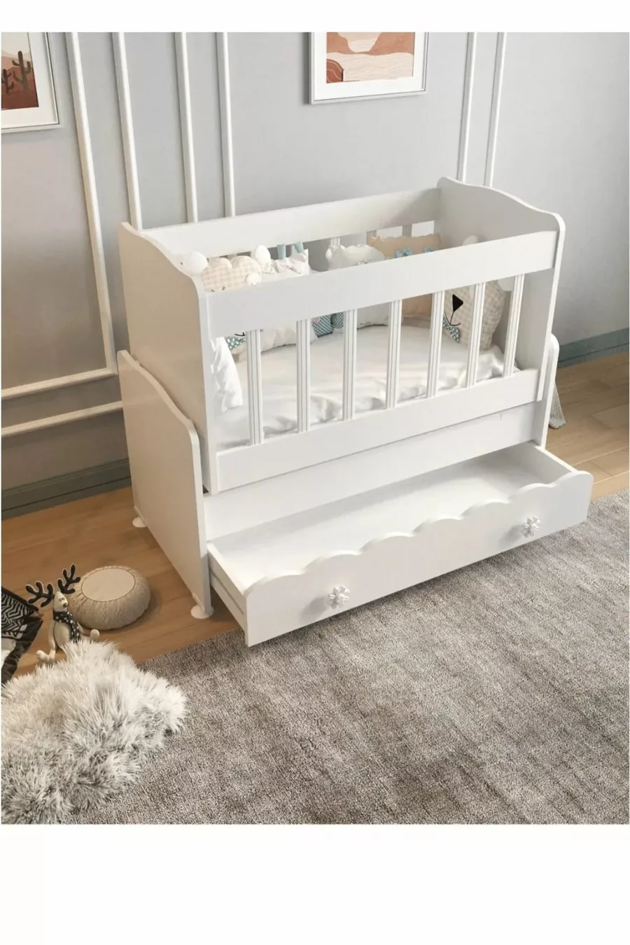 Berceau en bois blanc pour bébé avec tiroir et balancement, à placer à côté de la mère