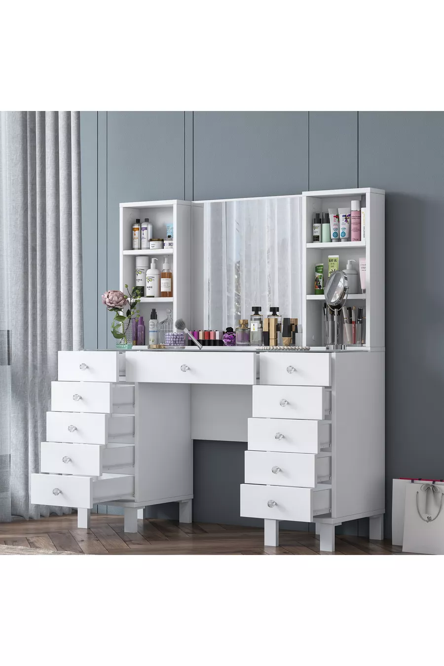 Rani Coiffeuse avec Tiroirs, Étagères et Miroir, Organisateur de Bijoux Blanc