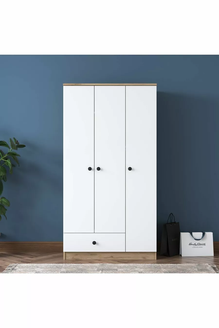 Armoire Rani  Wardrobe 3 portes 1 tiroir 6 étagères 1 panier suspendu Noyer - Blanc