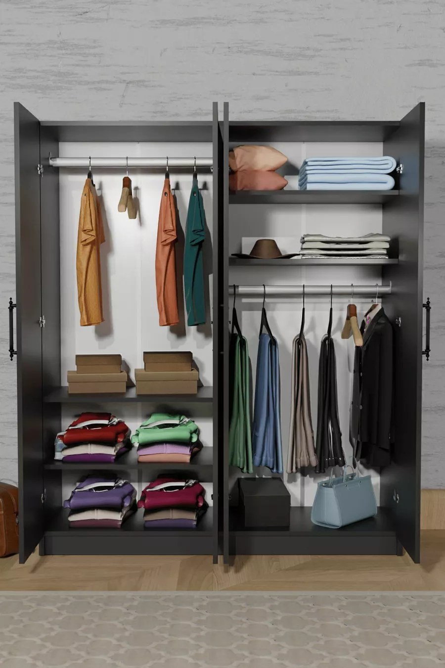  ARENA ARMOIRE GRIS ANTHRACITE 4 PORTES, 2 BARRES POUR PENDERIES, 6 ÉTAGÈRES
