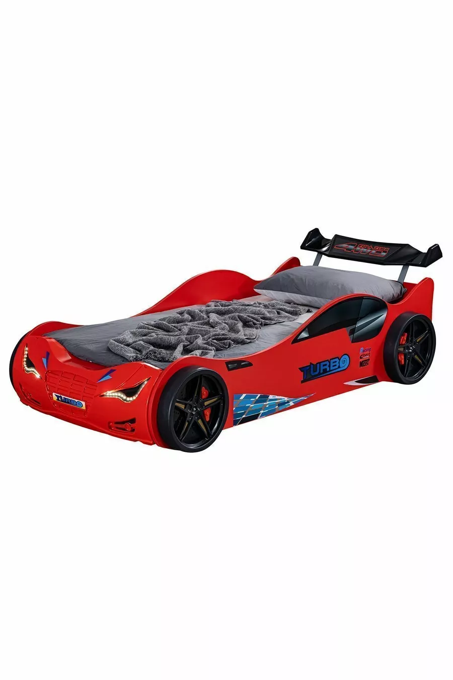 Lit avec voiture, lit voiture avec sommier superposé et barrières, avec LED - Rouge 1 matelas Comfort