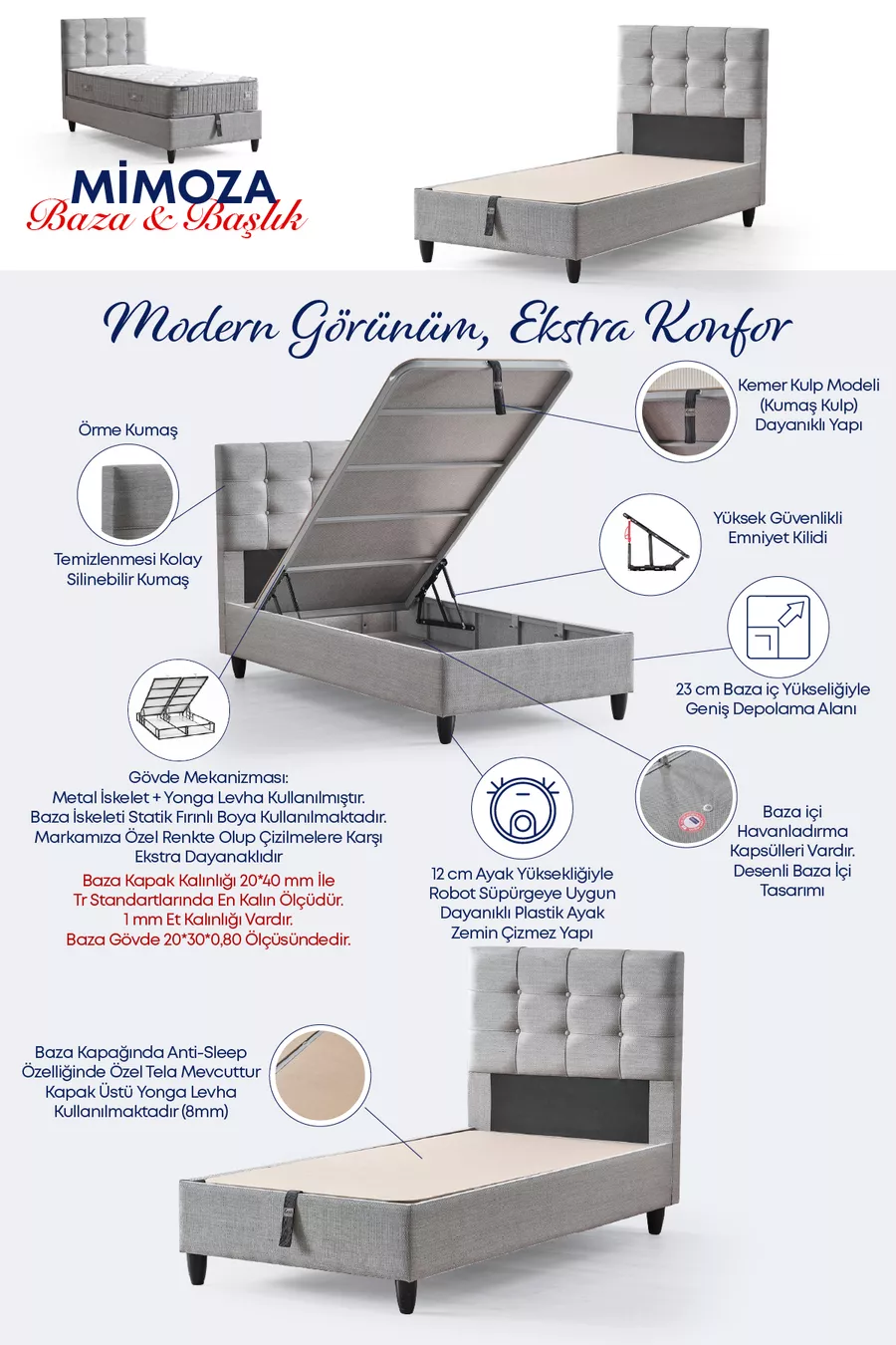 Ensemble de lit simple Mimoza avec matelas entièrement orthopédique antibactérien, sommier et tête de lit, ensemble 3 pièces