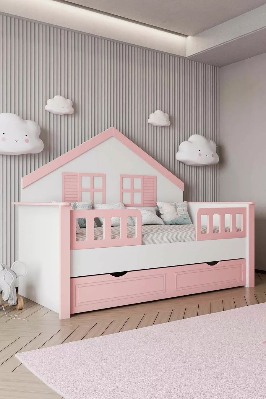 % Lit Montessori pour enfants en MDF avec tiroirs, rose