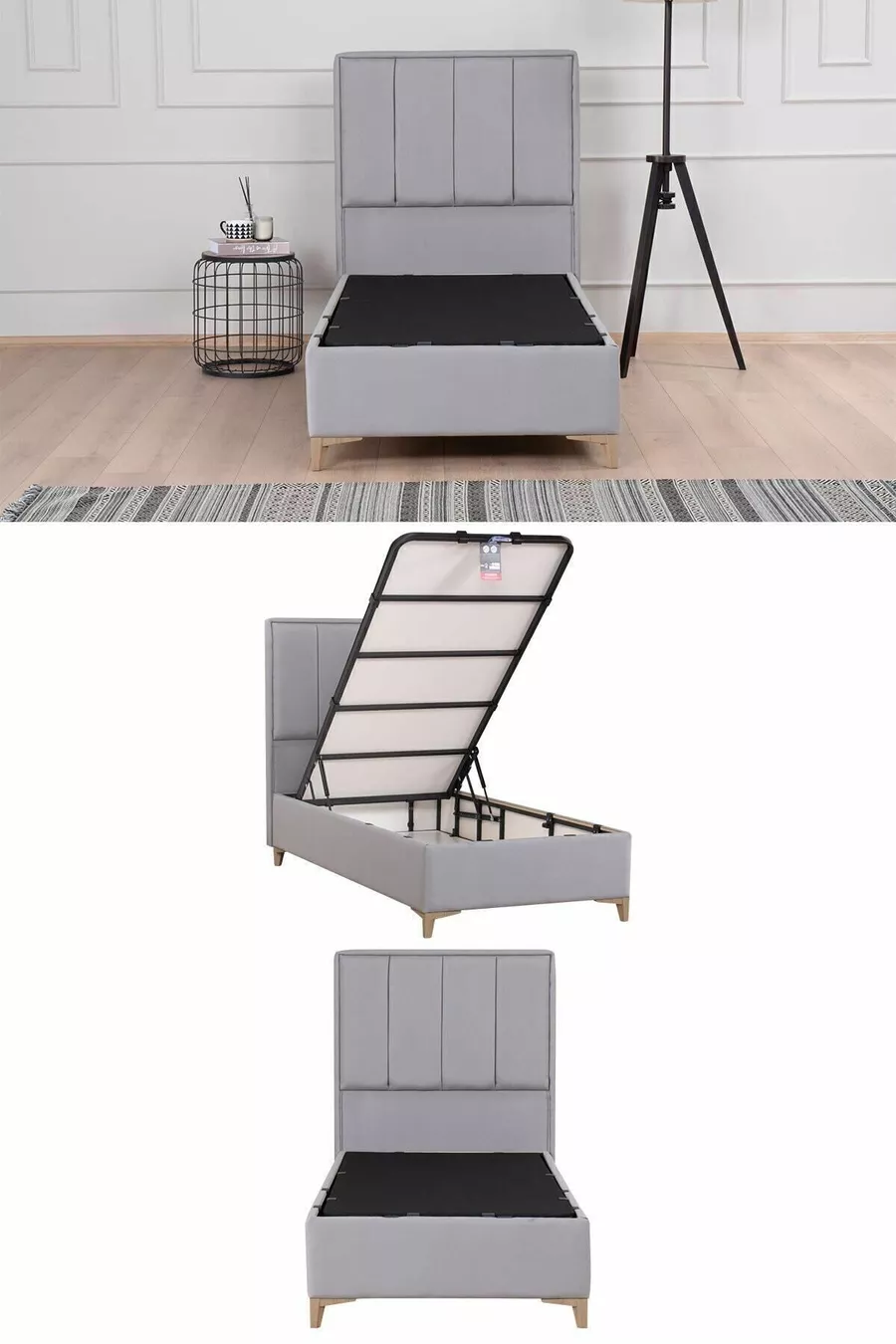 Lit coffre Gold Therapy gris (TÊTE DE LIT ET MATELAS NON INCLUS)