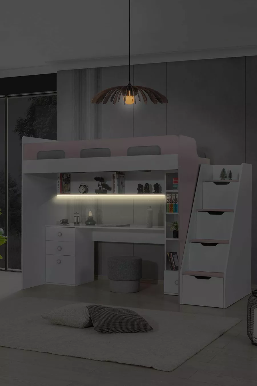 Lit superposé, bureau et bibliothèque Troya - Rose