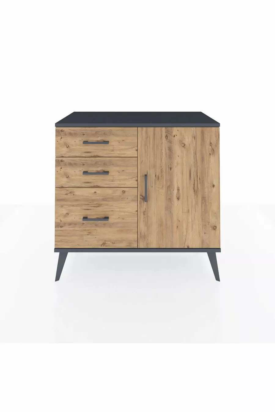 Commode Hyperion à une étagère, 3 tiroirs et une porte, Anthracite-Bois de pin