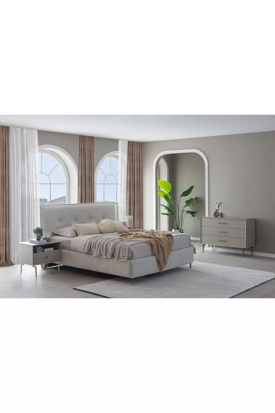ENSEMBLE DE CHAMBRE PANDOR NOX AVEC VERRE, CRÈME, 5 PORTES