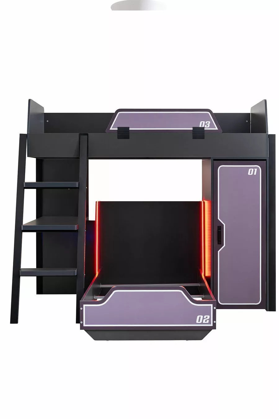 Chambre de joueur avec lits superposés, lit superposé Gamer avec LED, bureau, armoire et 2 matelas confort