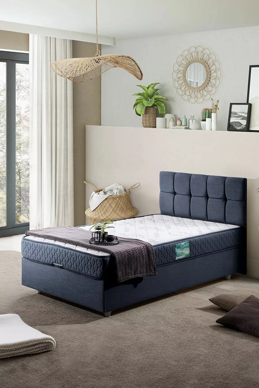 Ensemble de lit Comfort avec sommier et tête de lit simple Berlin, bleu marine
