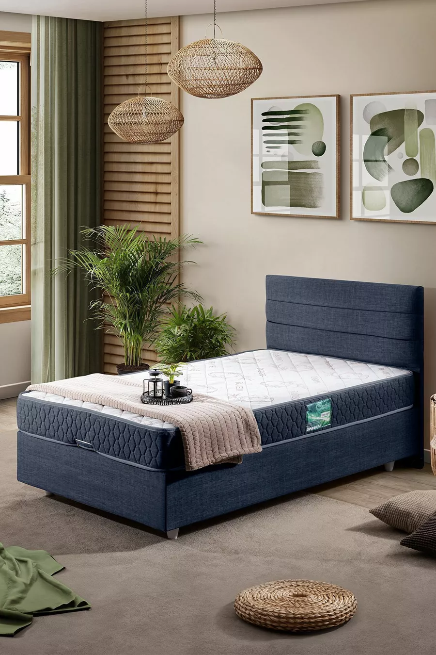 Ensemble de lit Comfort Sofia avec sommier simple et tête de lit Bleu marine