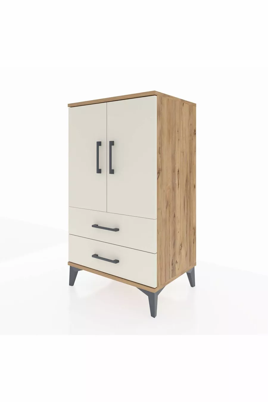 Commode Hyperion à 2 étagères, 2 tiroirs, 2 portes, Pins-Patine de pierre