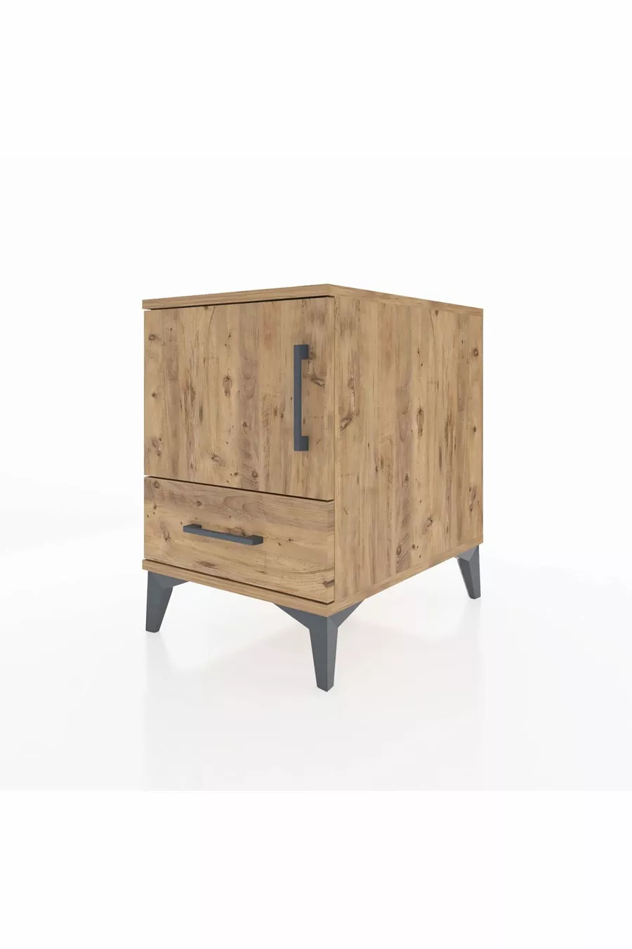 Table de chevet Kronos avec 2 étagères, 1 tiroir et 1 porte, pin-pin