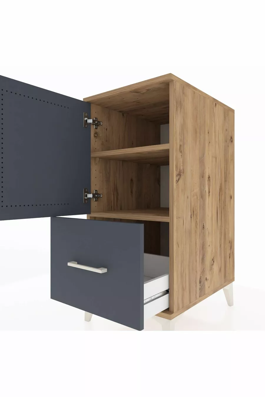 Table de chevet Kronos avec 2 étagères, 1 tiroir et 1 porte, pin-anthracite