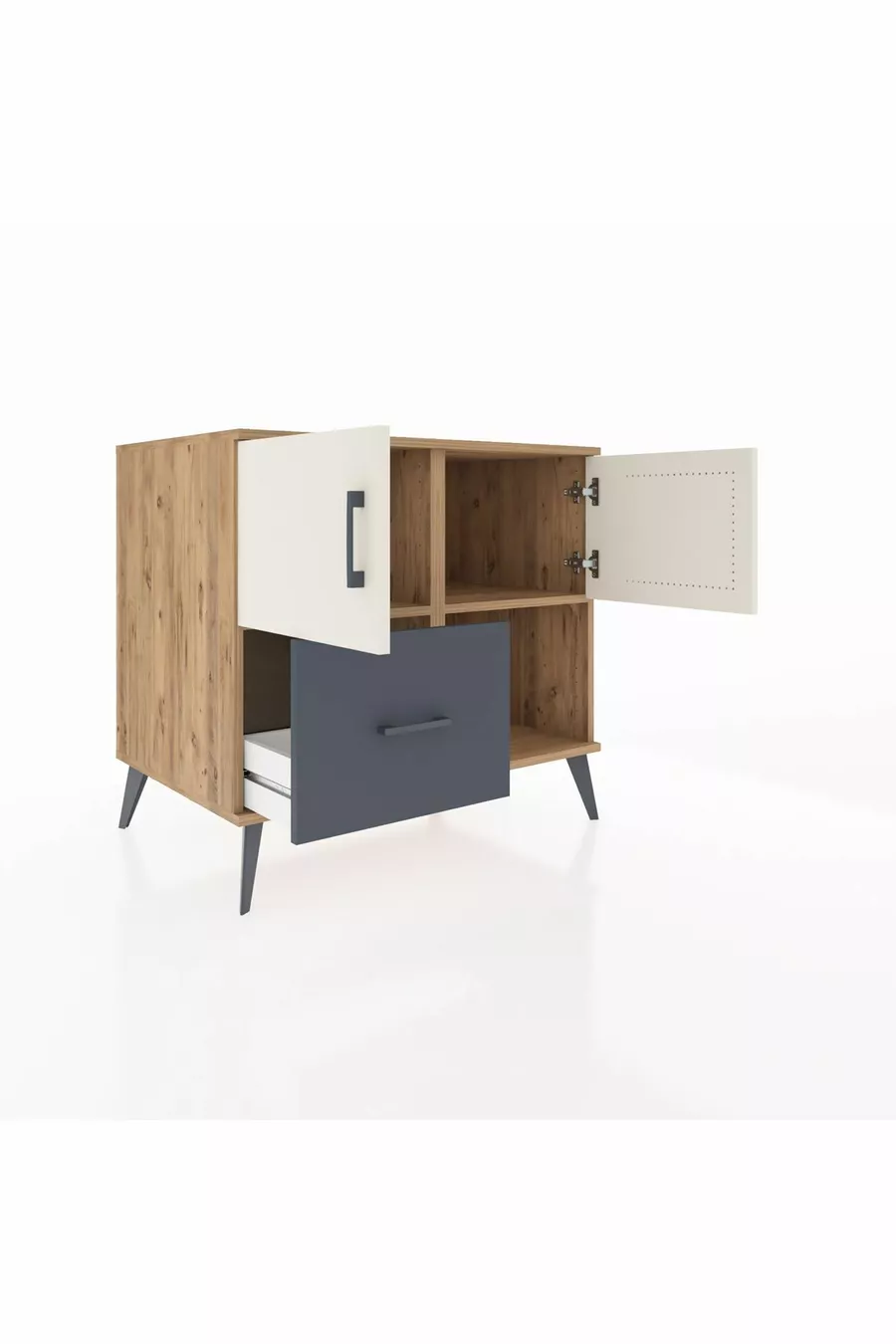 Commode Kronos à 2 étagères, 1 tiroir, 2 portes, pin-gris anthracite